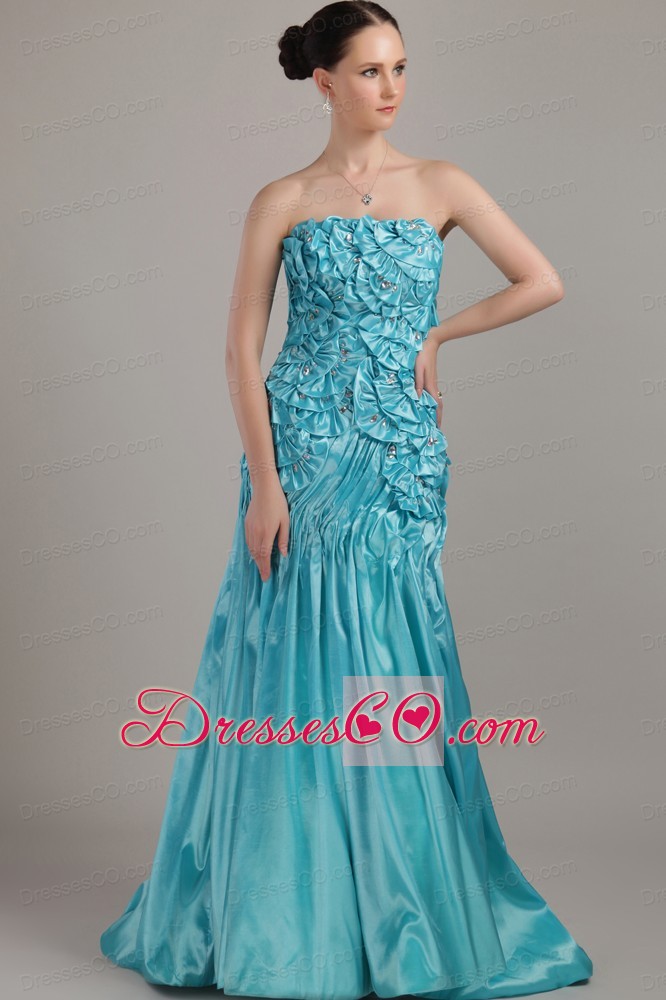 Teal A-line Strapless Brush Train Taffeta Beading and Ruched Prom Dress