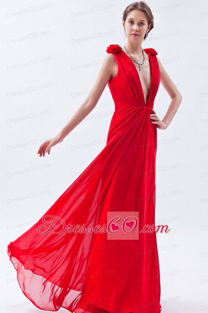 Red Empire V-neck Long Chiffon Beading Prom Dress