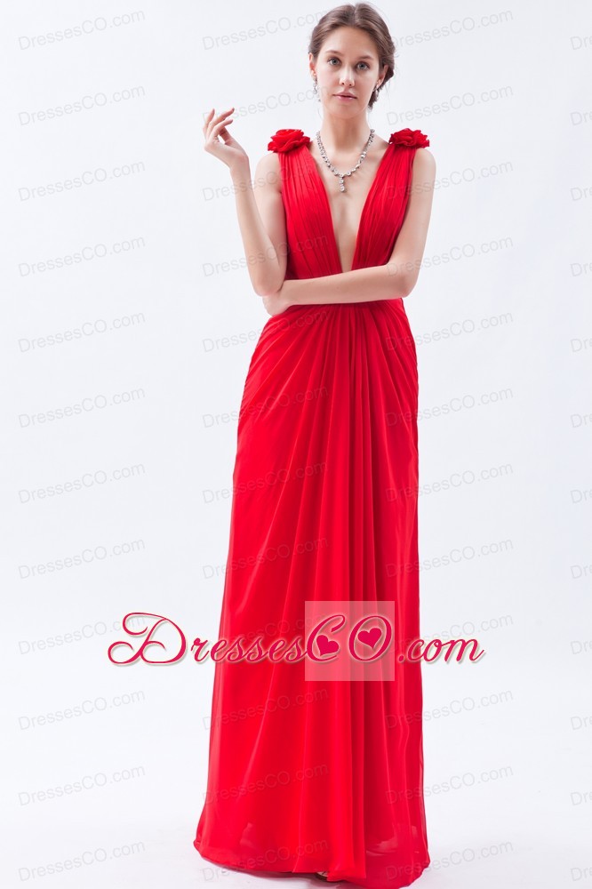 Red Empire V-neck Long Chiffon Beading Prom Dress