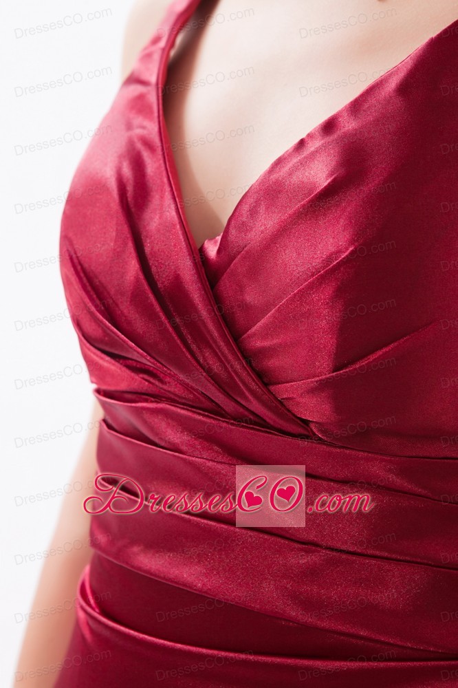 Red Column V-neck Brush Train Taffeta Ruching Bridesmaid Dress