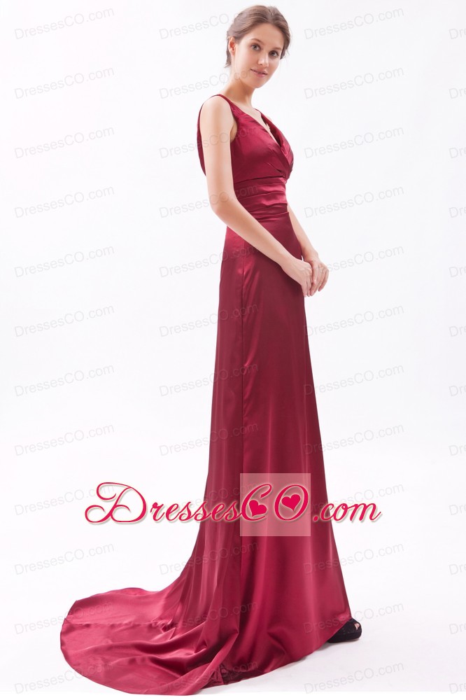 Red Column V-neck Brush Train Taffeta Ruching Bridesmaid Dress