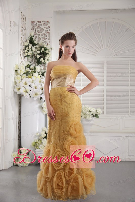 Gold Column Strapless Long Organza Lace And Hand Flowers Prom / Graduation Dress