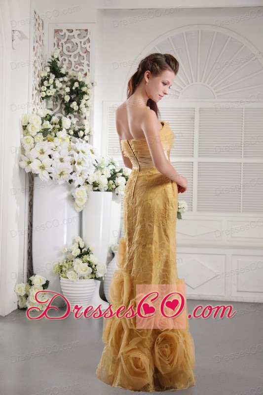 Gold Column Strapless Long Organza Lace And Hand Flowers Prom / Graduation Dress