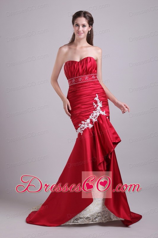 Red Mermaid Brush Train Taffeta Lace and Beading Prom / Evening Dress