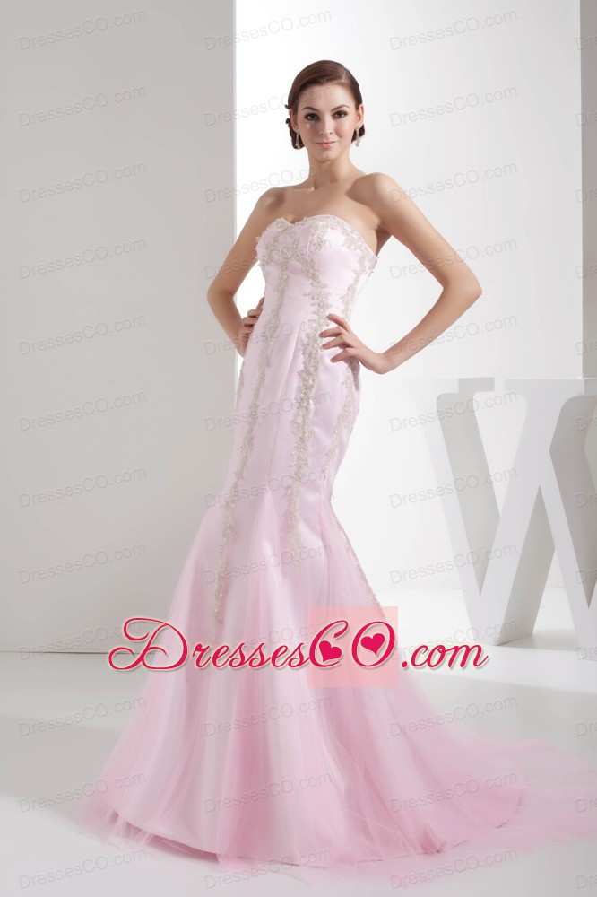 Mermaid Brush Train Appliques Baby pink Prom Dress