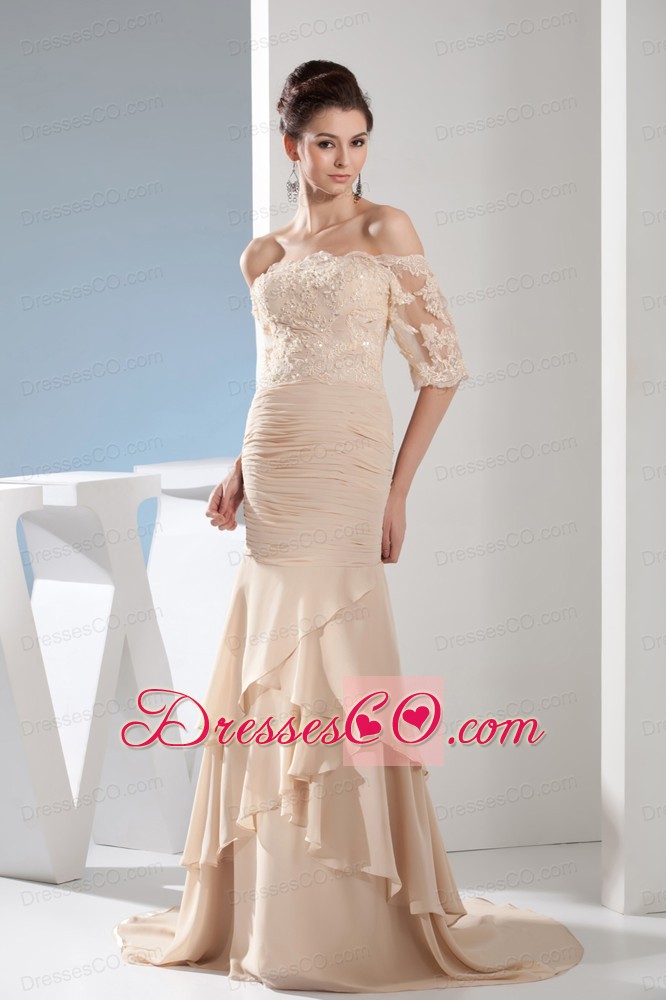 Lace Mermaid Champagne Brush Train Off the Shoulder Prom Dress