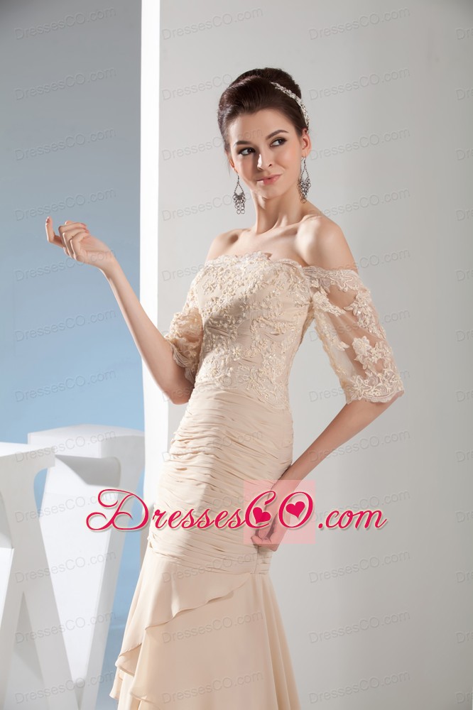 Lace Mermaid Champagne Brush Train Off the Shoulder Prom Dress