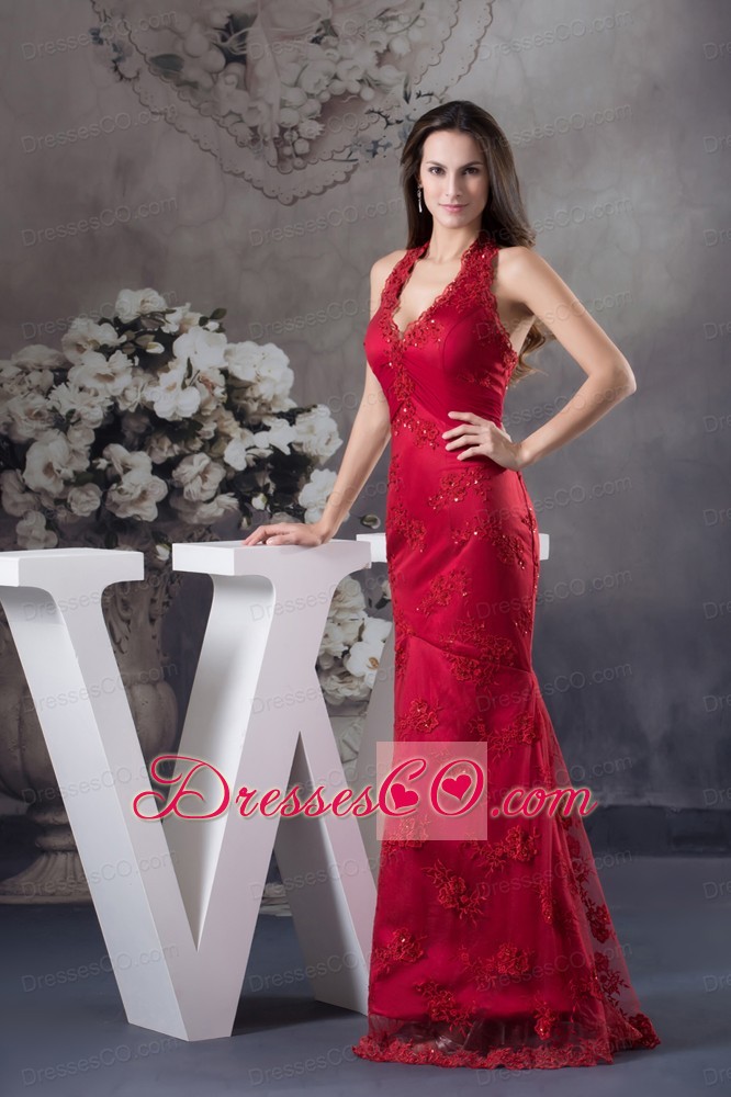 Sexy Appliques Red Halter Column long Prom Dress for 2013