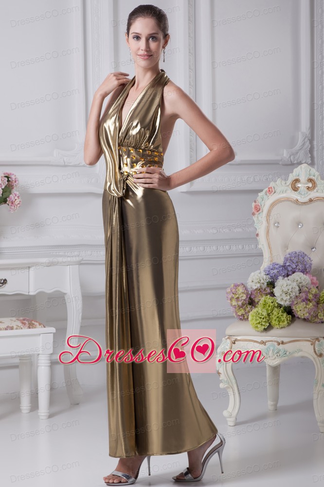 Halter Top Olive Green Beading Ankle-length Prom Dress