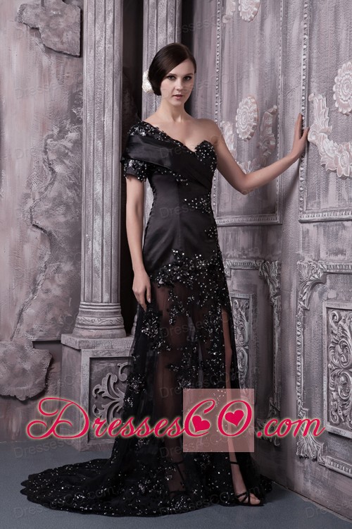 Black Mother Of The Bride Dress For Column One Shoulder Brush Train Lace Beading