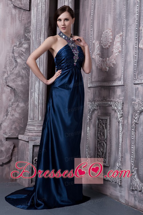Navy Blue Prom Dress For Custom Made Column Halter Brush Train Elastic Woven Satin Beading