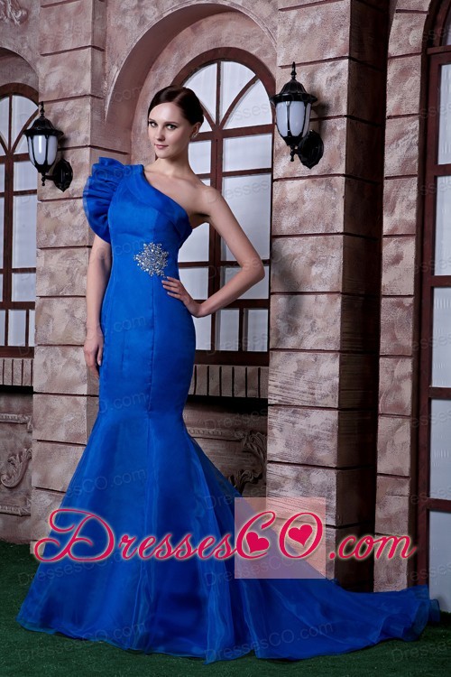 Classical Royal Blue Mermaid Evening Dress One Shoulder Beading Satin and Organza Beading