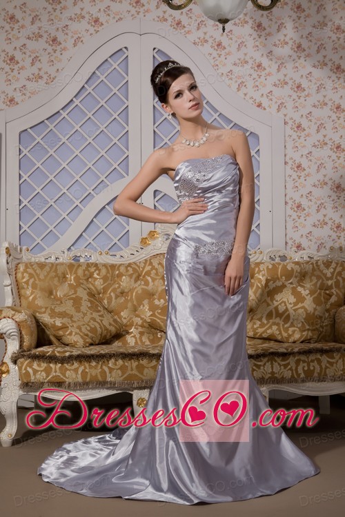 Grey Column Strapless Brush Train Elastic Woven Satin Appliques Prom / Evening Dress