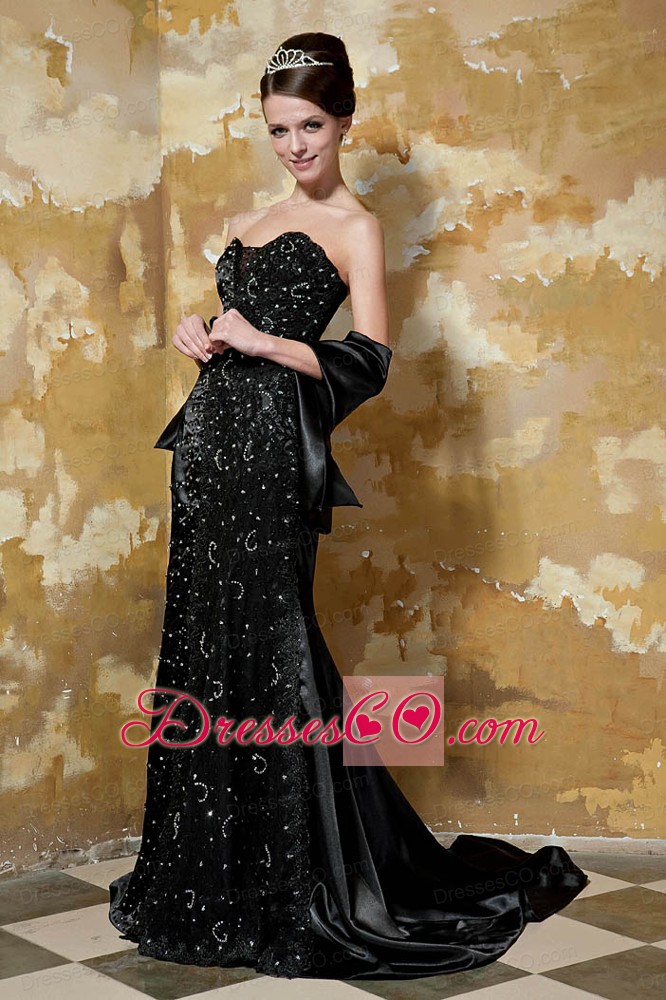 Black Column Brush Train Taffeta Sequins Prom Dress