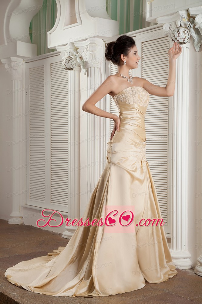 New Champagne A-line Strapless Prom / Evening Dress Satin Appliques Court Train
