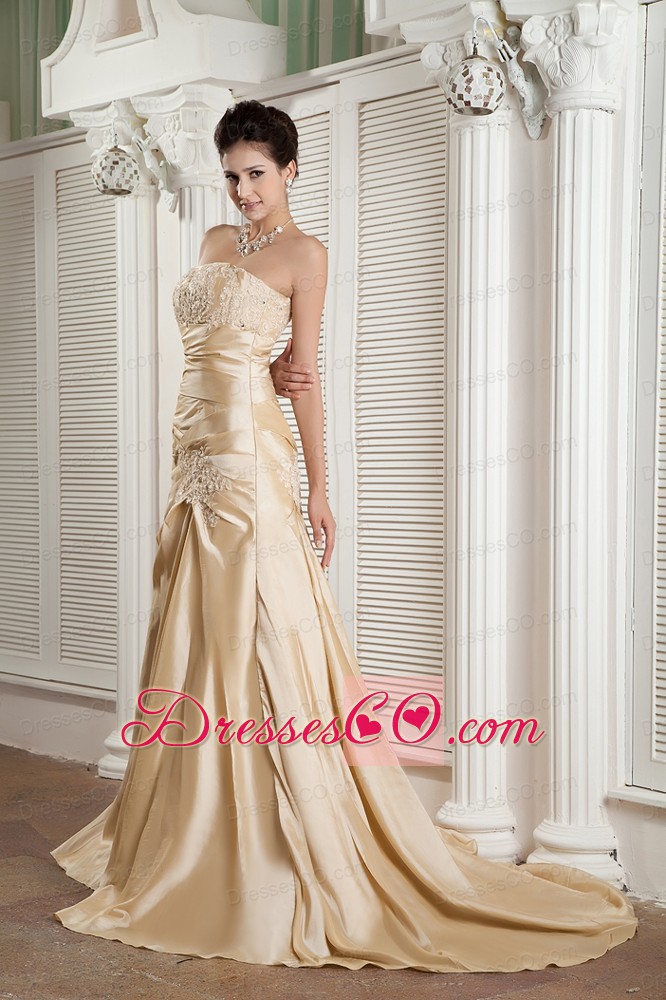 New Champagne A-line Strapless Prom / Evening Dress Satin Appliques Court Train
