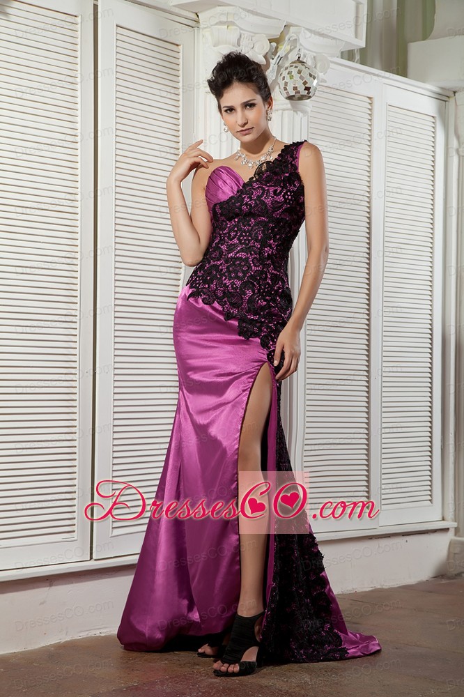 Custom Made Rose Pink Evening Dress Column One Shoulder Taffeta and Lace Ruching Brush Train