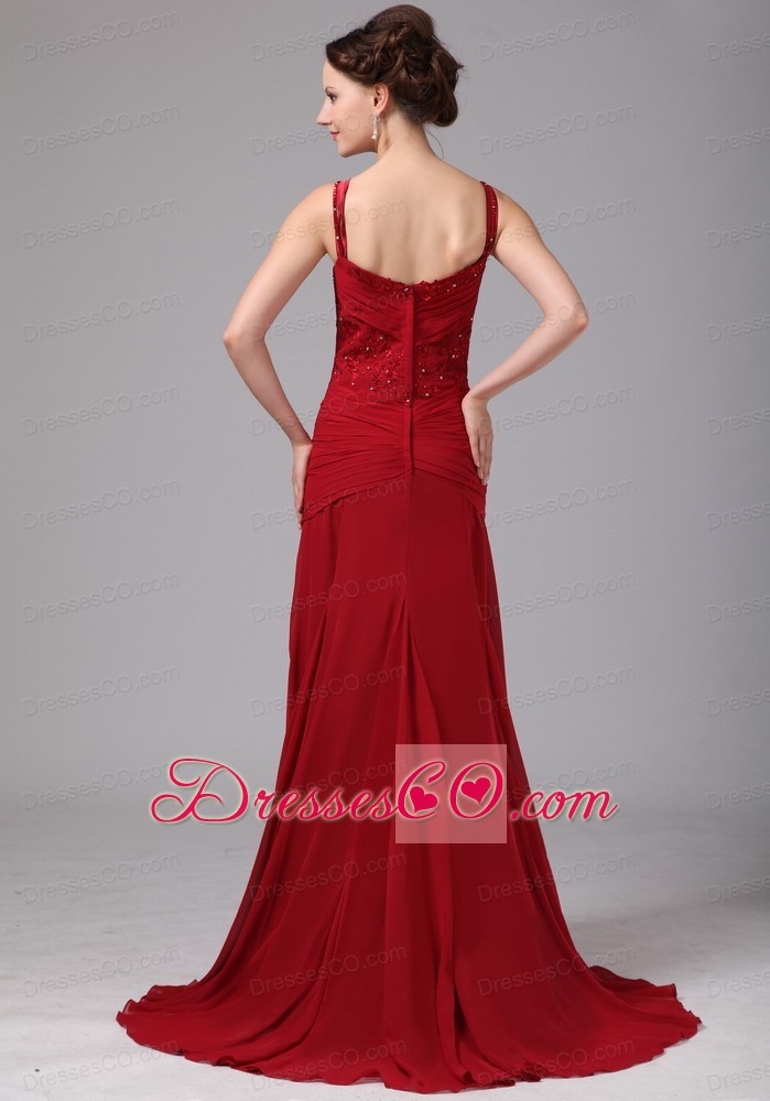 Wine Red Spaghetti Straps Mother Of The Bride Dress With Appliques and Beading Brush Train For Custom Made