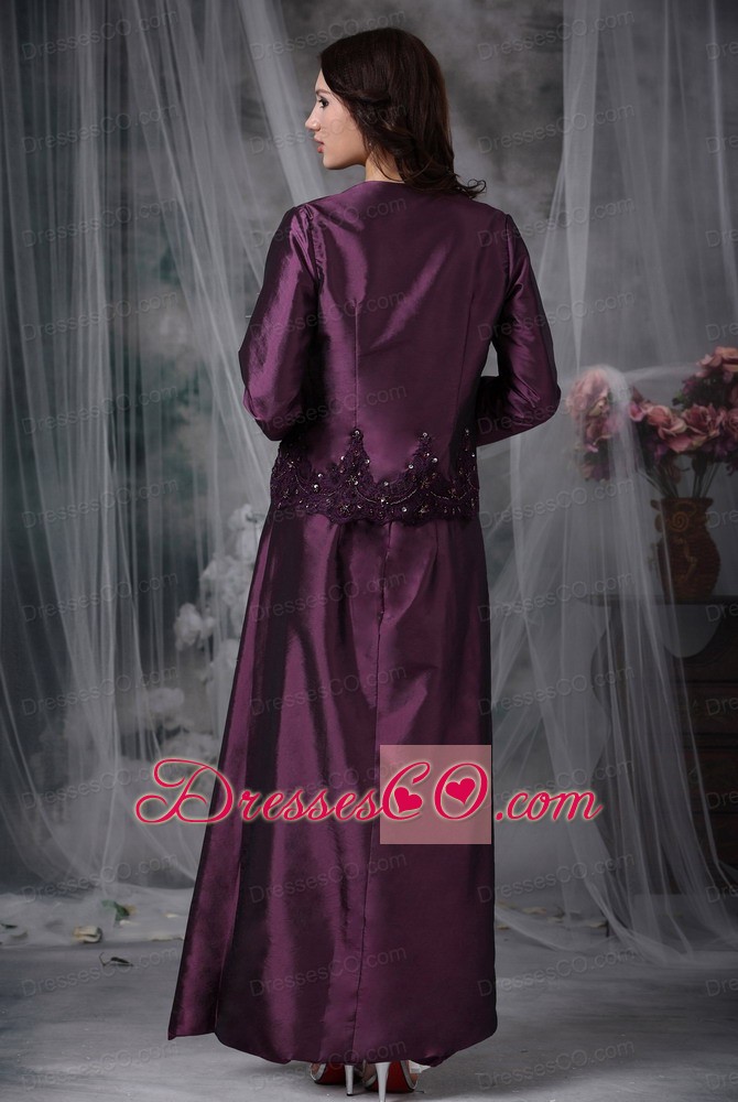 Dark Purple Column Strapless Ankle-length Taffeta Appliques Mather Of The Bride Dress