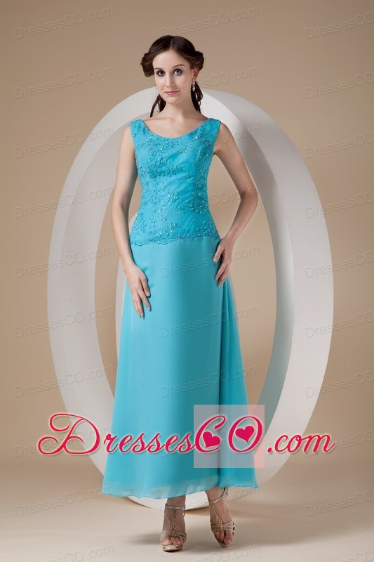 Blue Column / Sheath Wide Straps Ankle-length Chiffon Beading Prom Dress