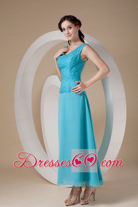 Blue Column / Sheath Wide Straps Ankle-length Chiffon Beading Prom Dress