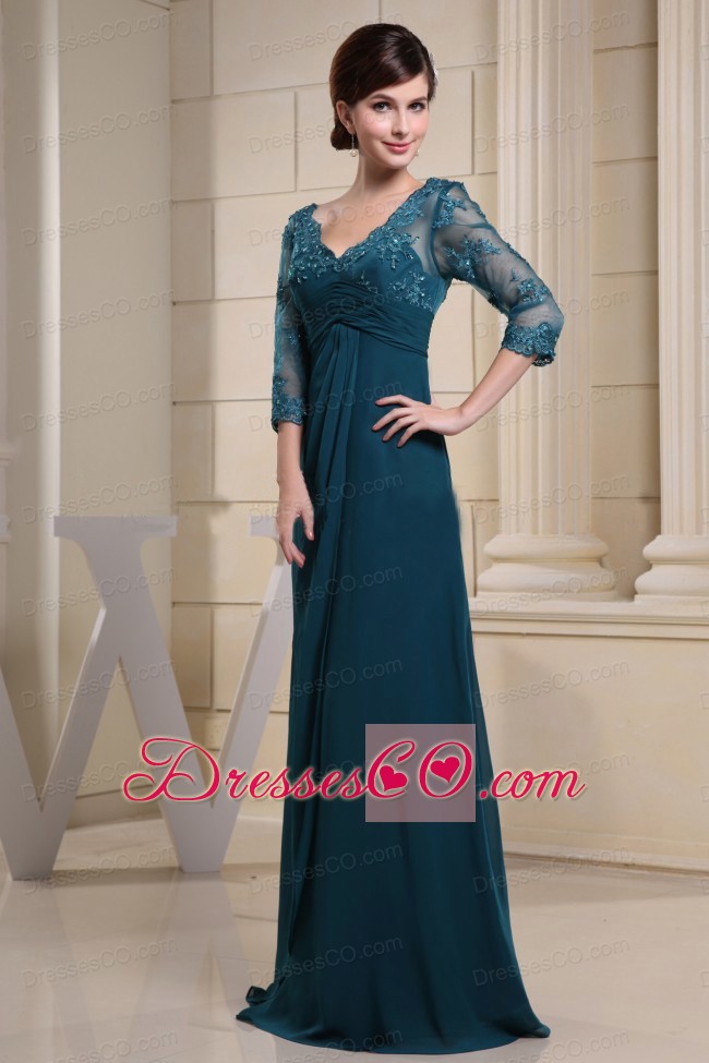 V-neck and 3/4 Sleeves For Mother Of The Bride Dress With Lace