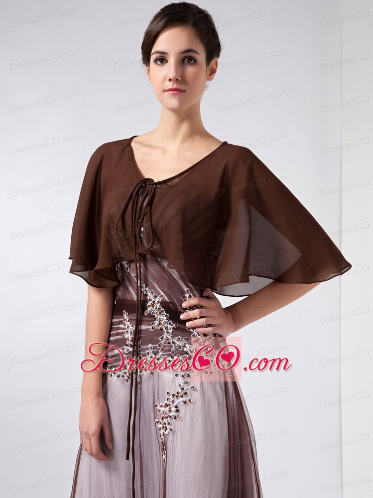 Brown And White Column V-neck Ankle-length Chiffon And Tulle Beading Mother Of The Bride Dress