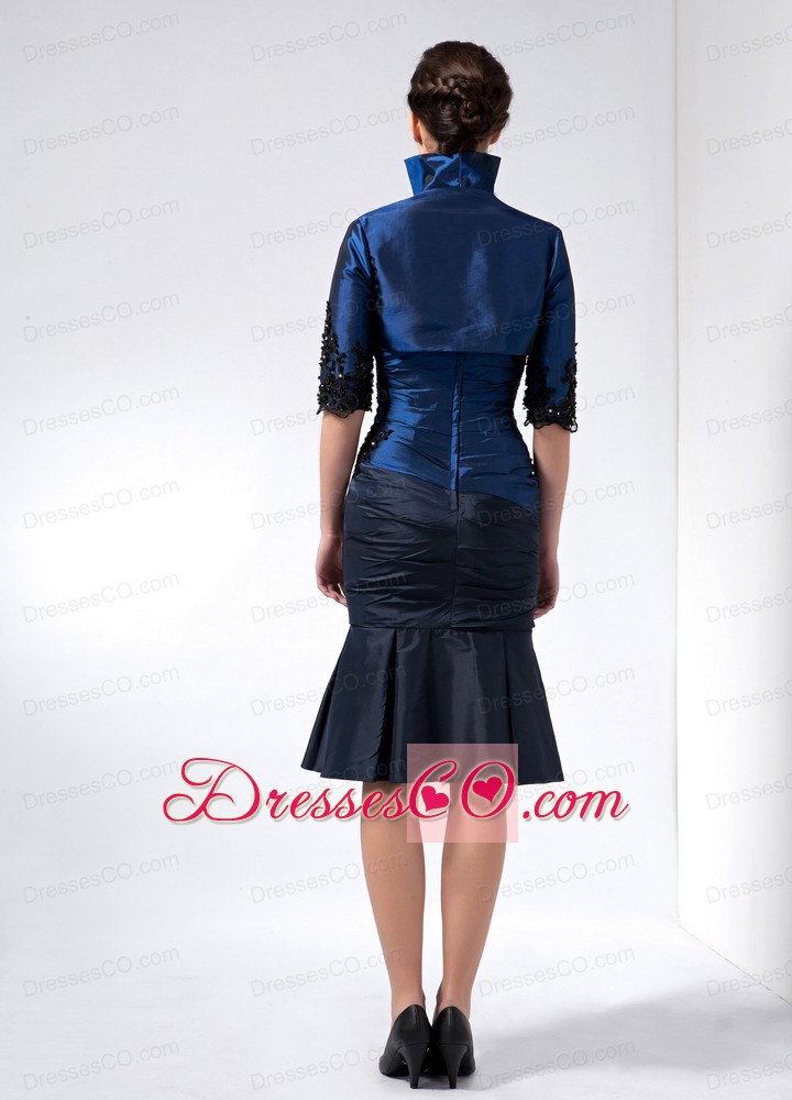 Navy Blue Column Strapless Knee-length Taffeta Beading And Appliques Mother Of The Bride Dress