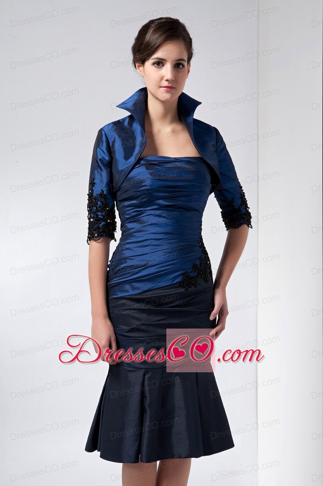 Navy Blue Column Strapless Knee-length Taffeta Beading And Appliques Mother Of The Bride Dress