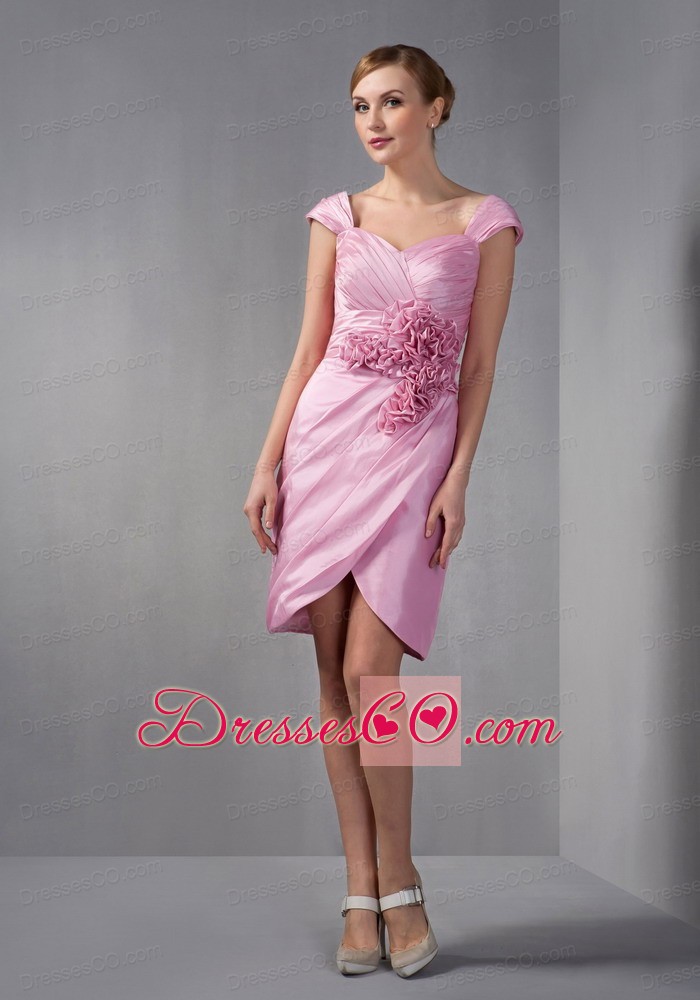 Rose Pink Column Cap Sleeves Knee-length Taffeta Ruching And Hand Made Flowers Mother Of The Bride Dress