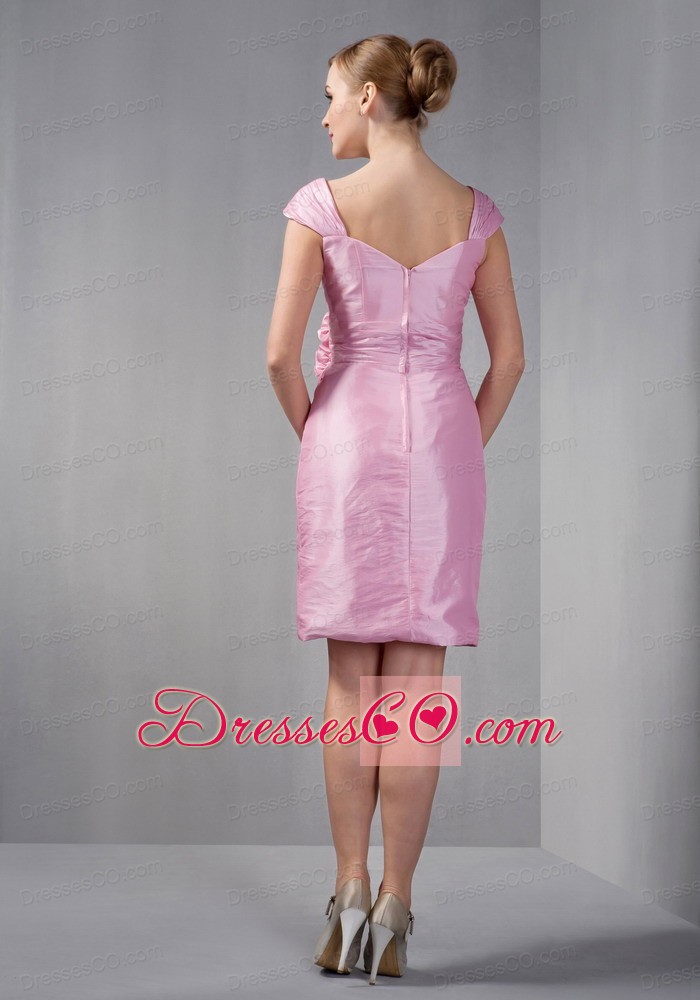 Rose Pink Column Cap Sleeves Knee-length Taffeta Ruching And Hand Made Flowers Mother Of The Bride Dress