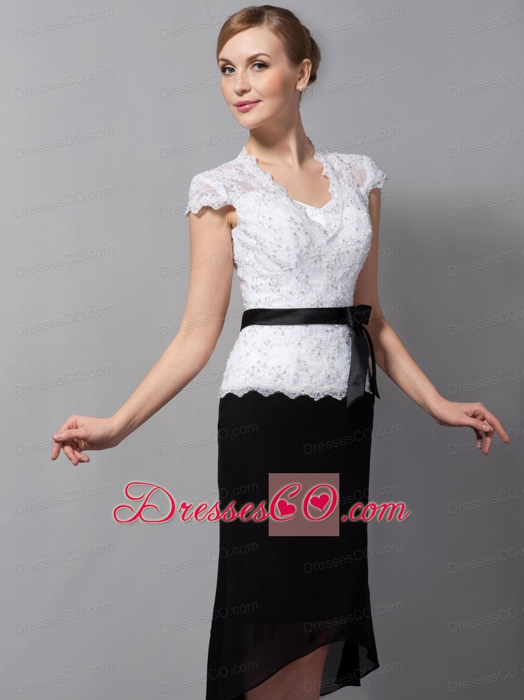 Black And White Column Square Tea-length Lace And Chiffon Sash Mother Of The Bride Dress