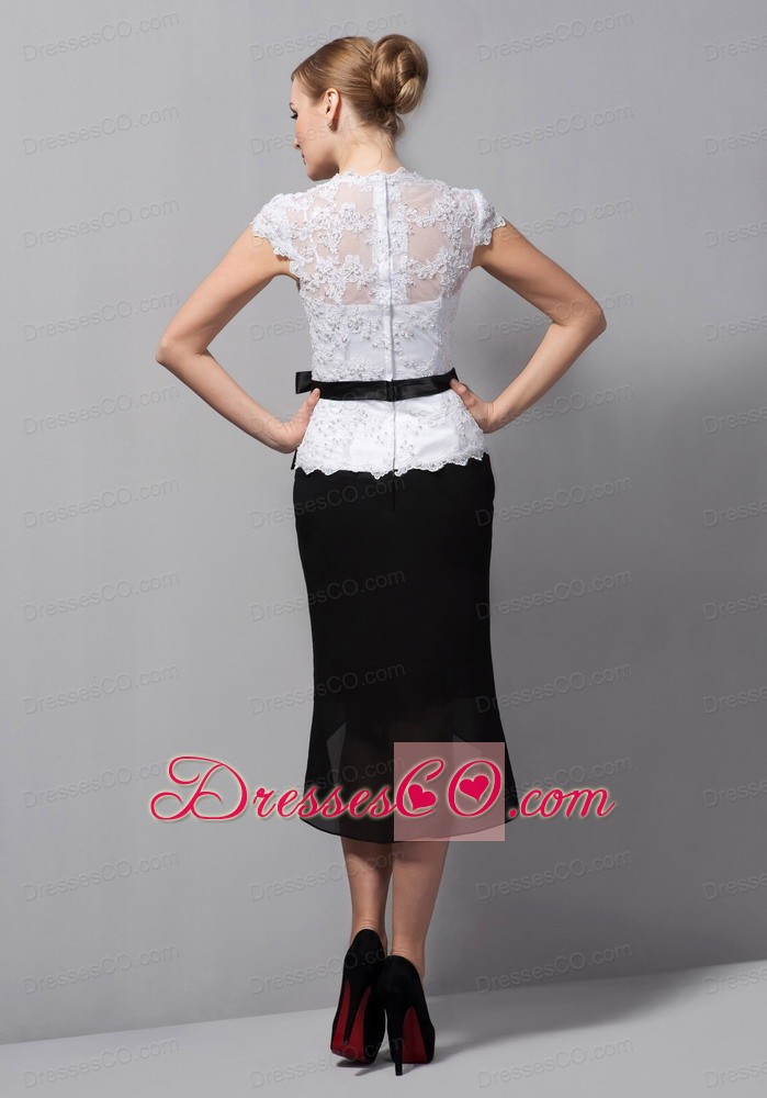 Black And White Column Square Tea-length Lace And Chiffon Sash Mother Of The Bride Dress