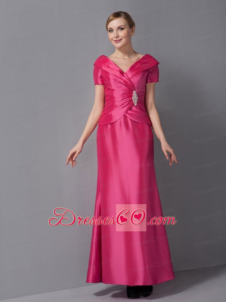 Hot Pink Column V-neck Ankle-length Taffeta Ruching Mother Of The Bride Dress