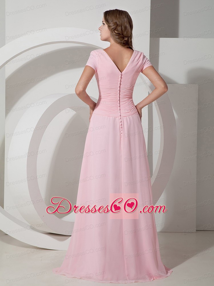 Baby Pink Empire Scoop Neck Long Chiffon Beading Prom Dress