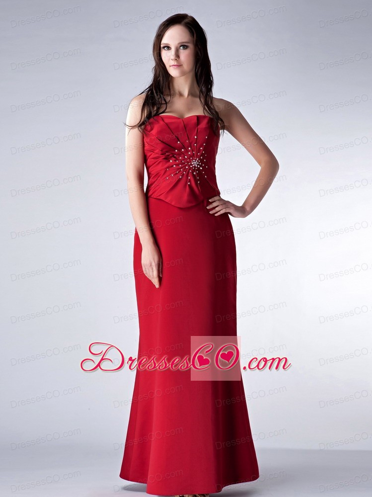 Red Column Strapless Long Satin Beading Bridesmaid Dress