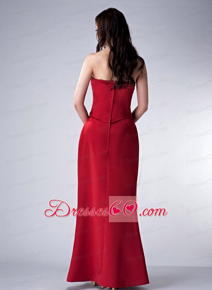 Red Column Strapless Long Satin Beading Bridesmaid Dress