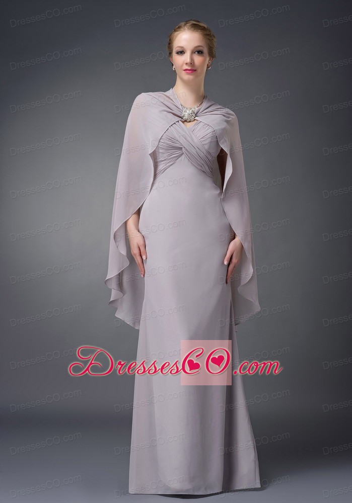 Grey Column V-neck Long Chiffon Ruching Mother Of The Bride Dress