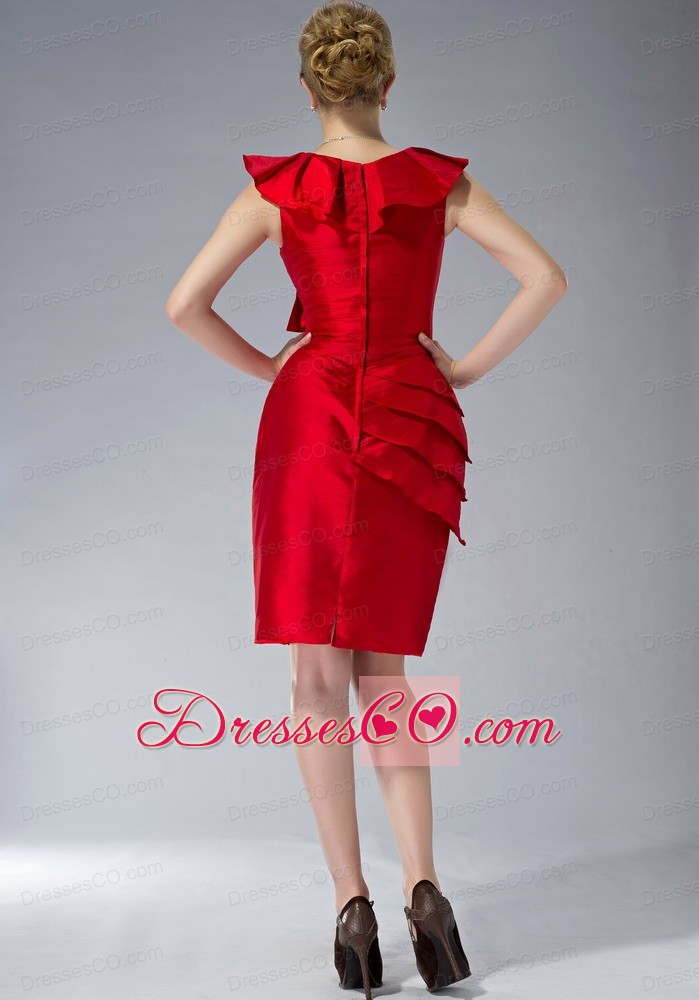 Red Column V-neck Knee-length Taffeta Prom / Homecoming Dress