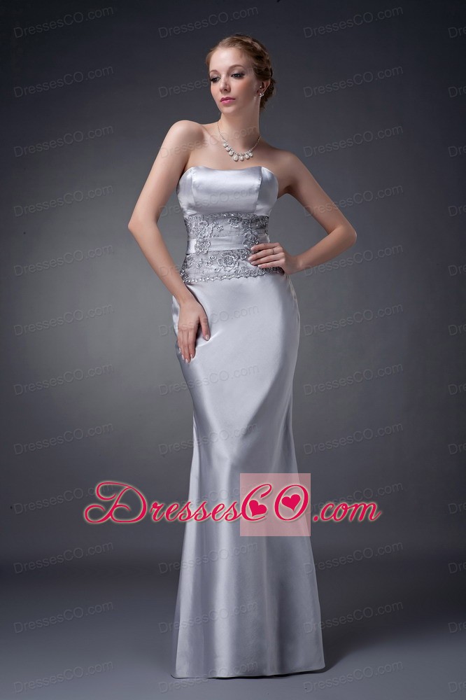 Silver Column Strapless Long Satin Appliques Mother Of The Bride Dress