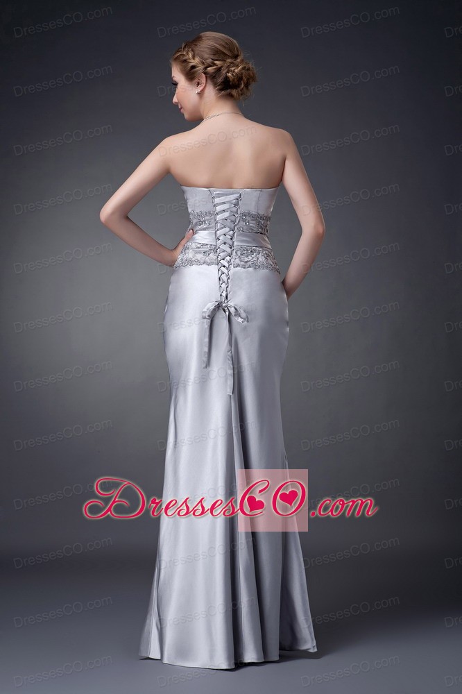 Silver Column Strapless Long Satin Appliques Mother Of The Bride Dress