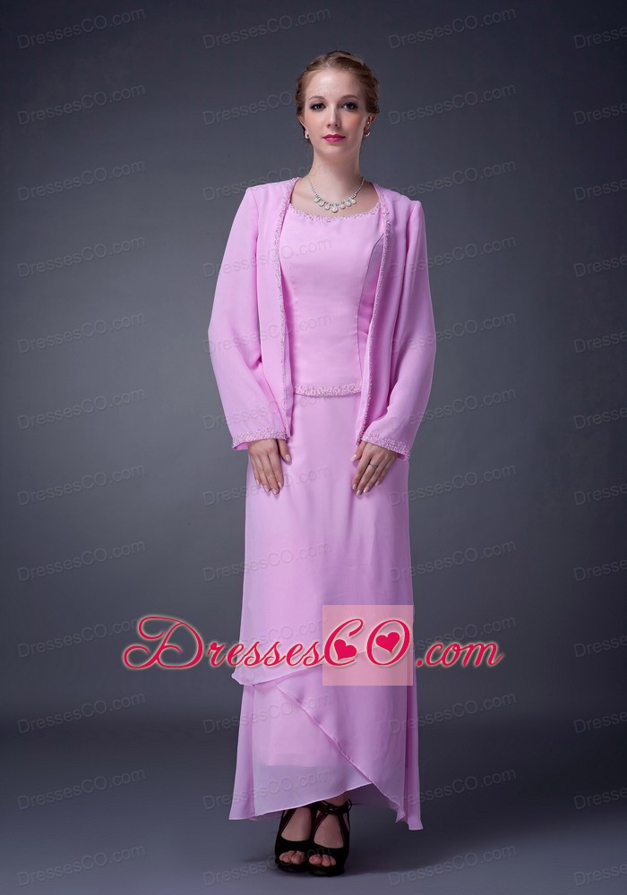 Pink Column Scoop Ankle-length Chiffon Beading Mother Of The Bride Dress