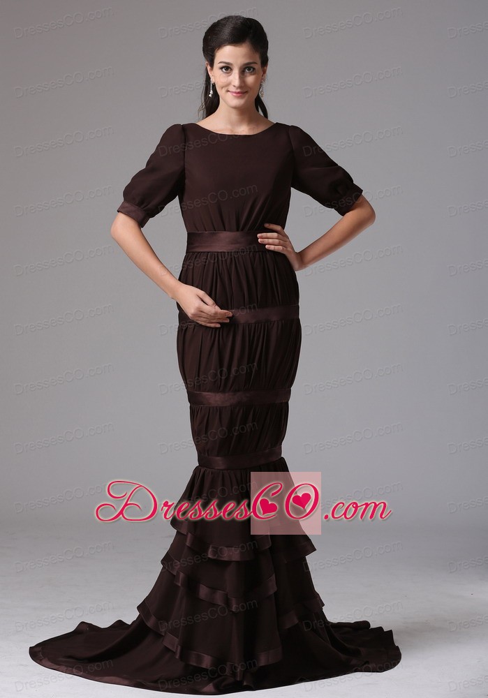 Custom Made Brown Mermaid Scoop Ruffled Layers Mother Of Bride Dress With Chiffon