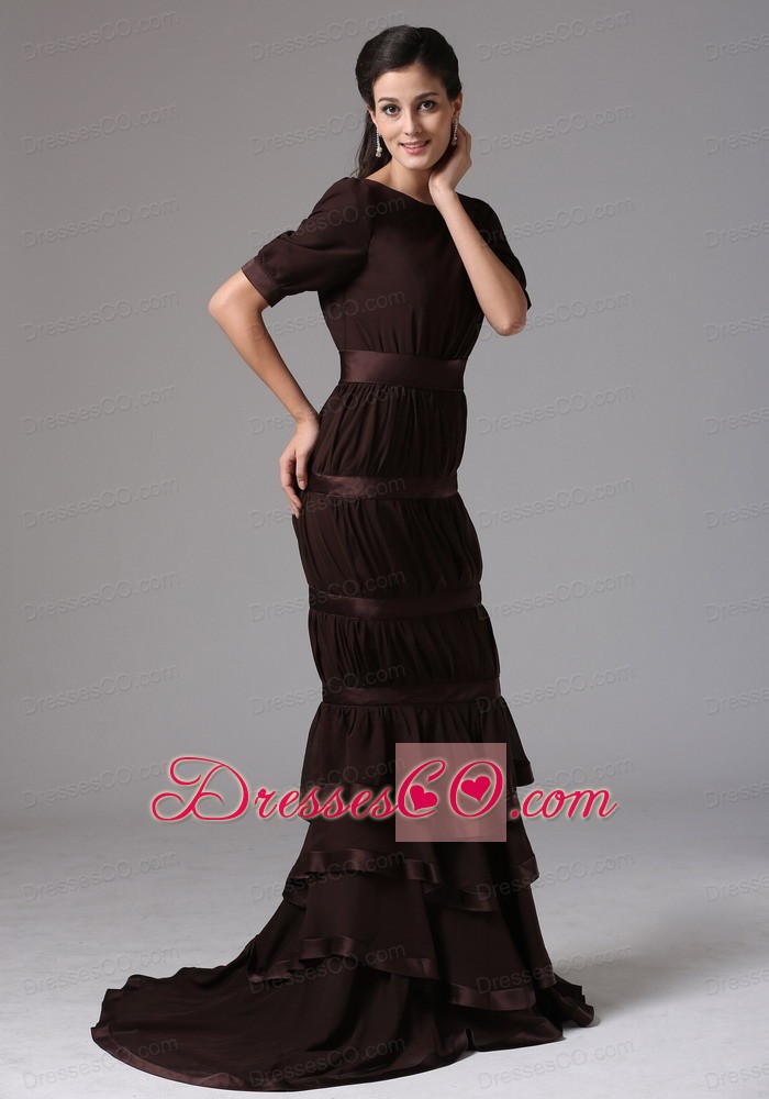 Custom Made Brown Mermaid Scoop Ruffled Layers Mother Of Bride Dress With Chiffon