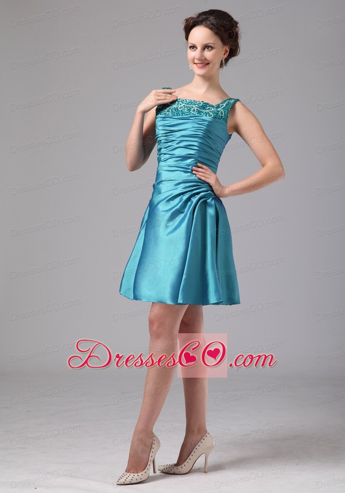 Teal Appliques And Ruch Mini-length Mother Of The Bride Dress With Jacket