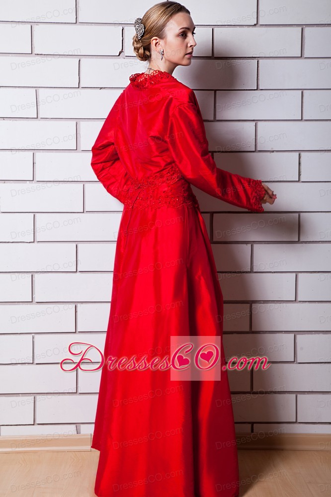 Red Column Strapless Long Taffeta Beading Prom Dress