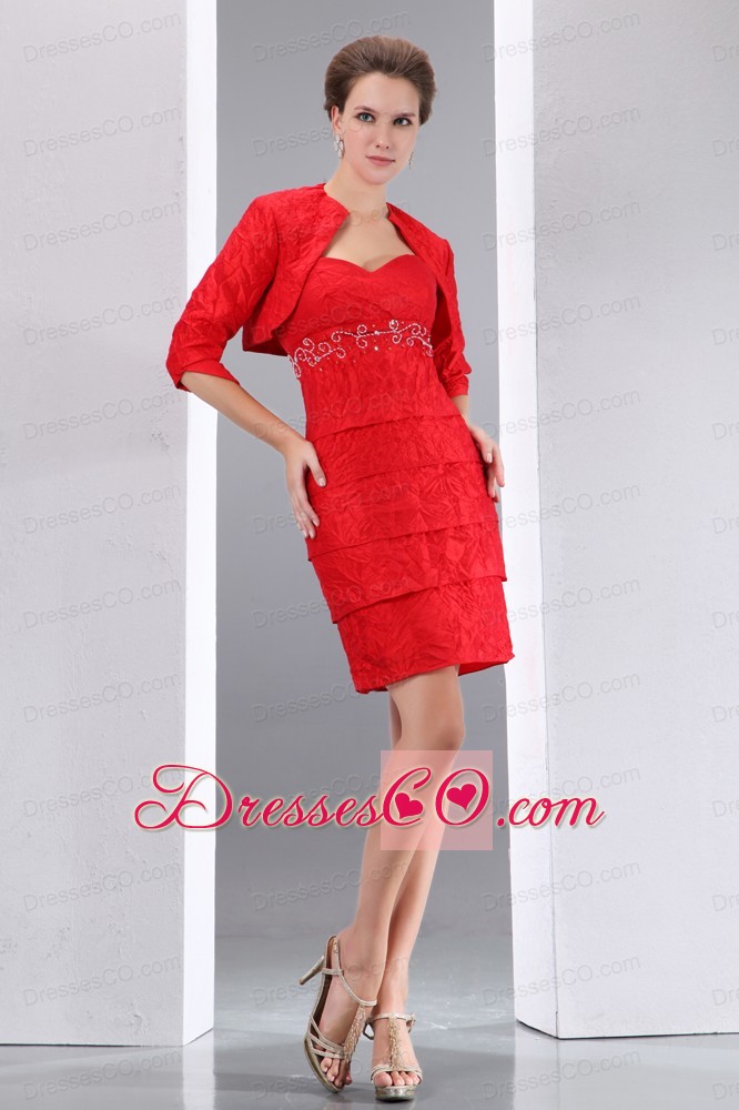 Red Column Mini-length Taffeta Beading Homecoming Dress