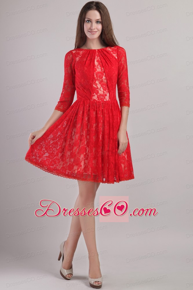 Red Empire Bateau Mini-length Lace Embroidery Mother Of The Bride Dress