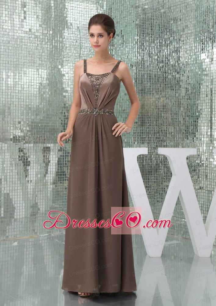 Beaded Decorate Shoulder Brown Straps Long Prom Dress