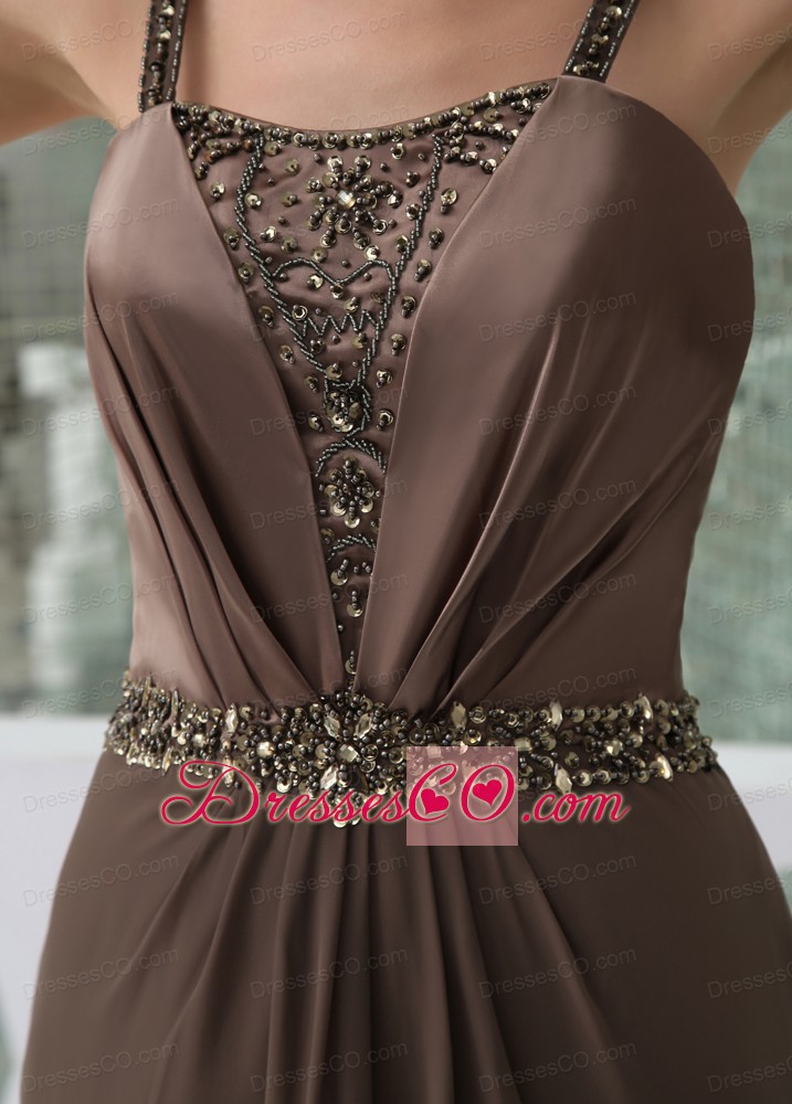 Beaded Decorate Shoulder Brown Straps Long Prom Dress